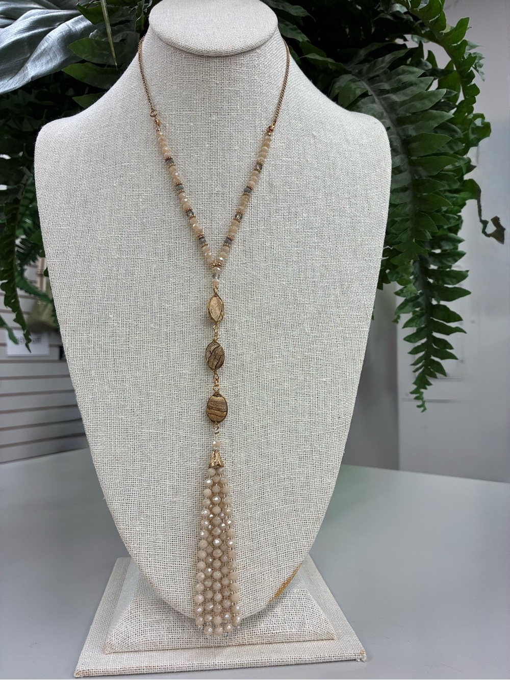 Elegant Gold-Tone Beige And Cream Beaded Tassel Necklace - Women’s Jewelry